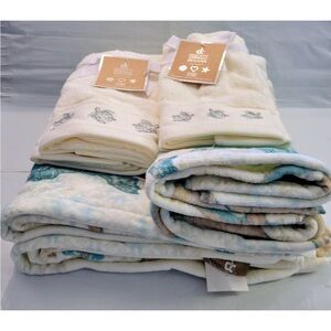 Deborah Connolly Set of 8 Sea Life Ocean Turtle Bath + Hand + Tip Towels Coastal